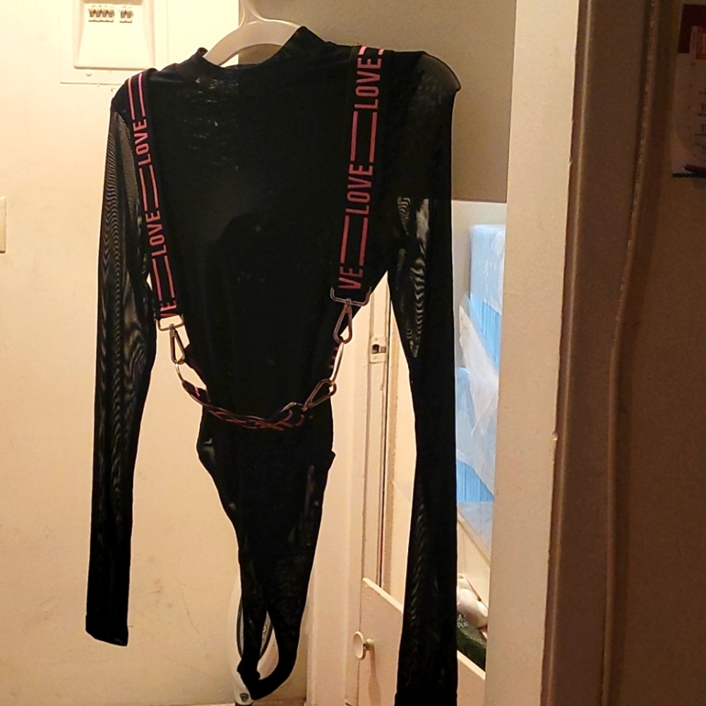 Fashion Nova Mesh with pink& black belt bodysuit